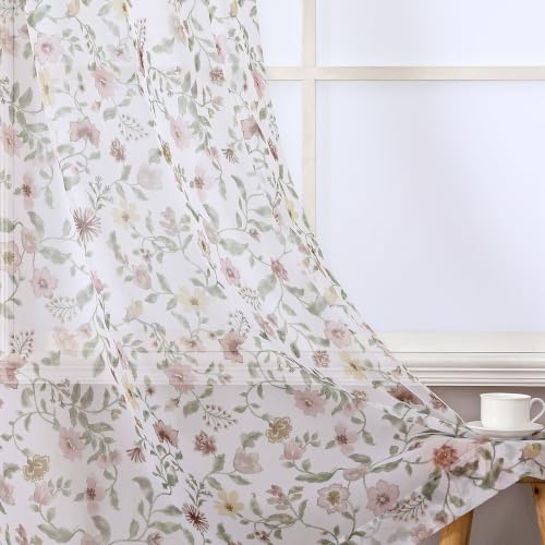 OWENIE Dusty Pink Watercolor Floral Printed Sheer Curtains 84 Inches Long - size: 40"W x 84"L (Pack of 2)