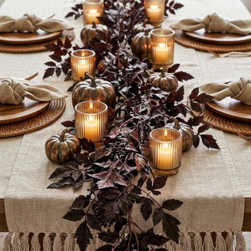Hollyone 2 Pack Fall Garland 6FT Artificial Plum Cimicifuga Seeded Leaf Garlands Faux Purple Leaves Fall Foliage Autumn Garland for Mantle Fireplace Thanksgiving Halloween Home Indoor Outdoor Decor