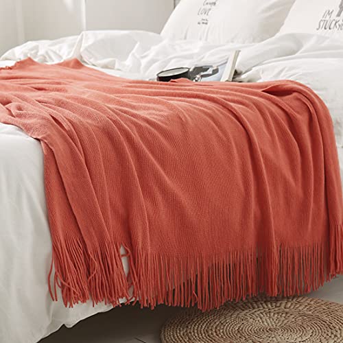 Homiest Orange Knitted Throw Blanket with Fringe, 50x60 Inch - color: Orange, size: 50" x 60"