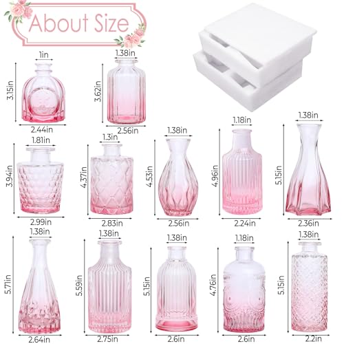 TBWIND Pink Glass Bud Vases Set of 12, Vintage Mini Vases - color: Pink-12pcs, size: 12Pcs