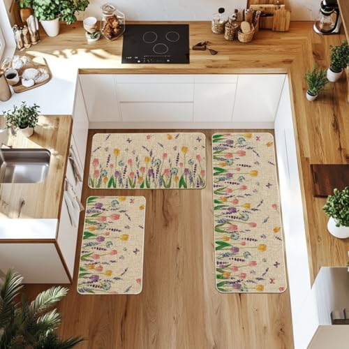 Artoid Mode Lavender Tulip Spring Kitchen Mats Set of 3, Seasonal Flower Summer Home Decor Low-Profile Kitchen Rugs for Floor - 17"x29"+17"x36"+17"x47" - size: 17"x29"/17"x36"/17"x47"