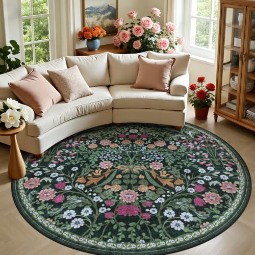 PLHXFR Round Area Rug Living Room: 8 ft Floral Washable Carpet Dark Green - color: Dark Green, size: 8' (Round)