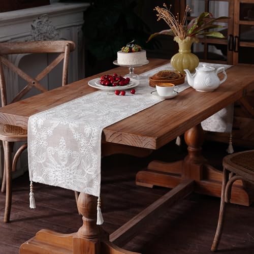 Embroidered Table Runner Boho Farmhouse Dresser Scarf, 14" x 56" - color: Beige a, size: 14 x 56 Inches