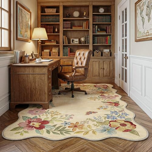 FMFUNCTEX 3x5 Washable Beige Floral Vintage Scalloped Area Rug for Entryway - color: Beige, size: 3' x 5' (Rectangular)