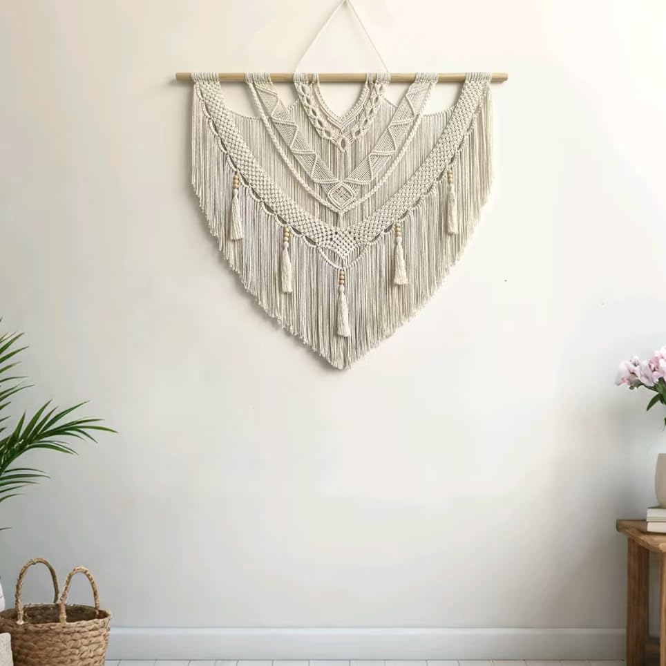 guzhiou Large Macrame Wall Hanging, Boho Woven Tapestry Decor Art, 43"x40" - color: Bead Fringe