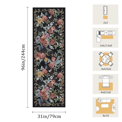Washable 2.6x8 Runner Rug, Navy Boho Floral Non-Slip for Hallway, Kitchen - color: Dark Navy, Dusty Rose, Mustard and Blue Grey, size: 2'7" x 8' (Rectangular)