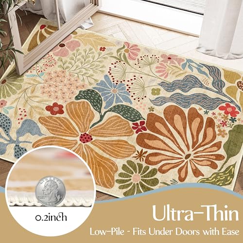 MUJOO Round Rug 5ft,Circle Washable Area Rug Non Slip Low-Pile Floral Beige - color: Beige, size: 5' (Round)