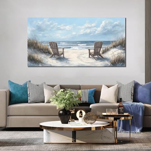 Ouzzlie Landscape Wall Art White Canvas Art for Living Room - color: Light Blue, size: 59"L x 29"W