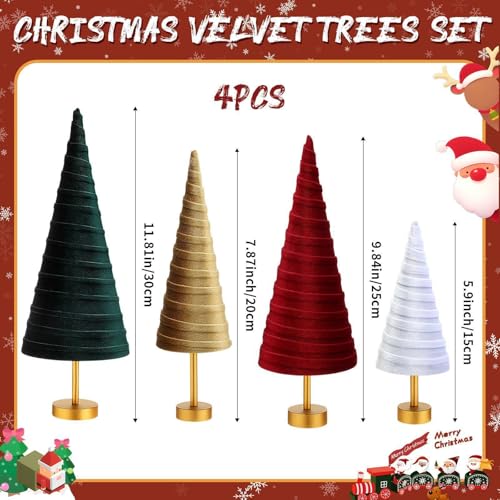 Hoolerry 4 Pcs Christmas Velvet Trees with Gold Pedestal, Classic Xmas - color: Classic Xmas