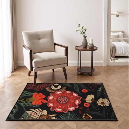 Tyrot Vintage Boho Floral Rug 2x3, Washable Colorful Area Rug, Ultra Thin Flat Woven Low Pile Non Slip Indoor Rug for Entryway, Kitchen, Bathroom, Bedroom, Black Red - color: Crimson Shadow, size: 2' x 3' (Rectangular)