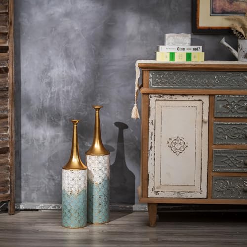 Sziqiqi Tall Floor Vase, Rustic Blue and Gold Slender Vases, Set of 2 - style: Blue Floor Vases