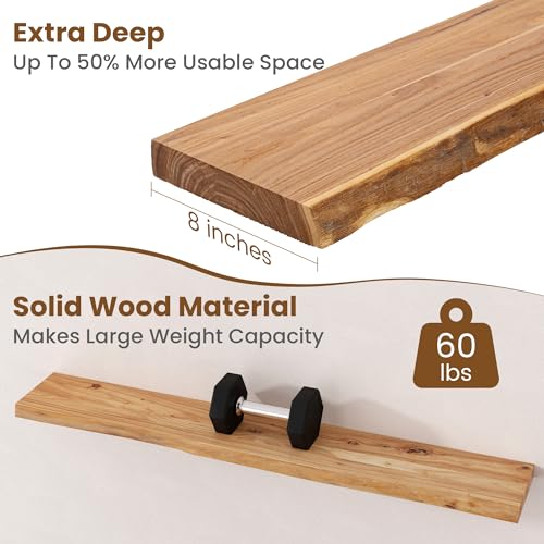 Floating Shelves for Wall, Solid Elm Wood Shelves, 48in Set of 1, Natural - color: Natural, size: Live Edge, 48inch, 1Pack