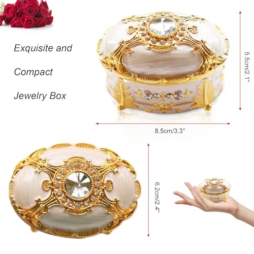 Small Vintage Beige Oval Enamel Jewelry Box, Metal Trinket - color: Beige