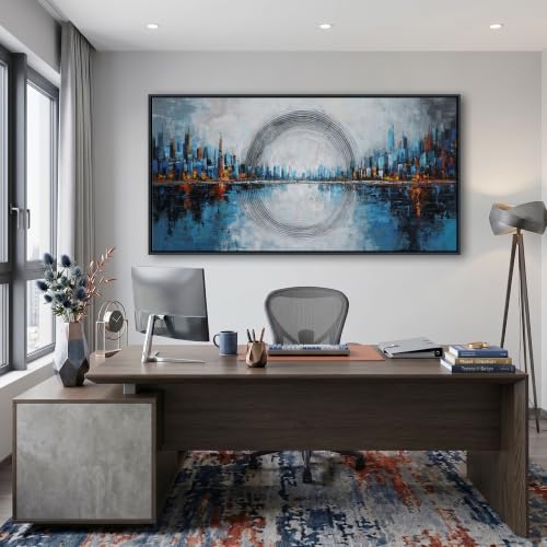 Abstract Blue Canvas Wall Art New York City Skyline Wall Decor for Living Room Oversized Cityscape Decor Pictures for Bedroom or Office Walls Framed Modern Artwork for Walls 24×48IN - color: Navy, size: 48"L x 24"W