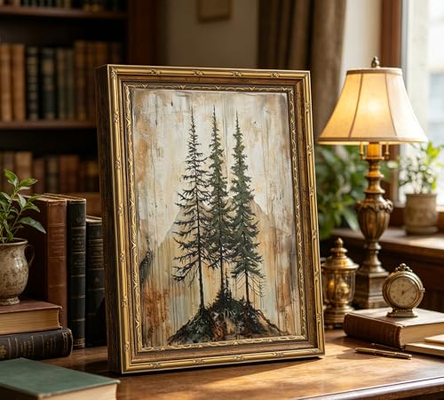 Vintage Gold Framed Canvas Wall Art 12×16 Inch Pine Tree Picture Poster Rustic Wall Decor for Living Room Cabin Farmhouse Home Decoration - color: Pine, size: 16"L x 12"W
