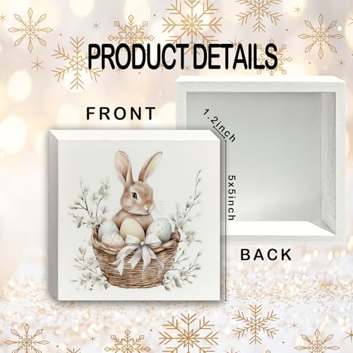 Easter Bunny Wooden Box Sign, Easter Decorations for the Home, Rustic Cottagecore Floral Bunny Wood Block Sign for Home Office Desk Shelf Table Decor, 5x5 Inch - color: white -20