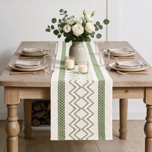 Artoid Mode Sage Green Stripe Diamond Woven Table Runner 12x36 Inch - color: Sage Green, size: 12" x 36", Table Runner
