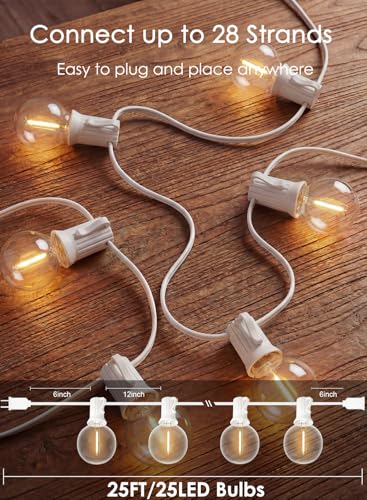 25FT G40 LED White Outdoor String Lights with 25 Plastic Shatterproof Bulbs - color: Warm White-White, size: 25FT