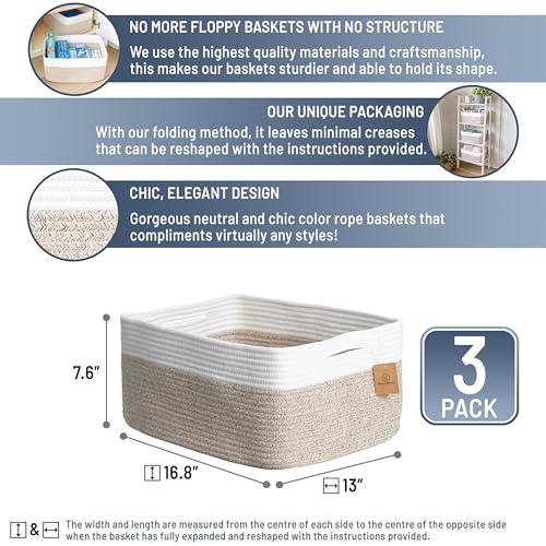 NaturalCozy Storage Baskets 16.8”x13”x7.6” Cotton Rope Woven Baskets for Organizing 3-Pack | Toy Storage Bins | Basket for Shelves, Laundry, Blanket, Clothes, Closet, Kitchen, Bathroom, Gifts - color: Off White & Mixed Brown