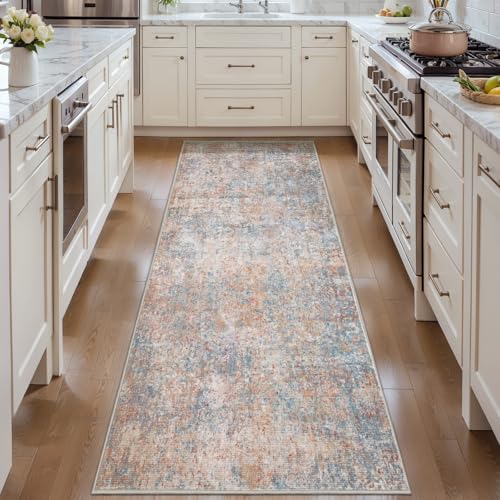 Tangsoo Modern 2x5 Washable Runner Rug, Abstract Runner Rug Non Slip - color: Orange Red/Blue, size: 2' X 5' (Runner)