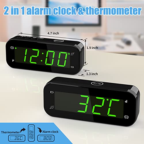 KWANWA 2-in-1 Digital Alarm Clock with Indoor Thermometer - size: Green Digital Display