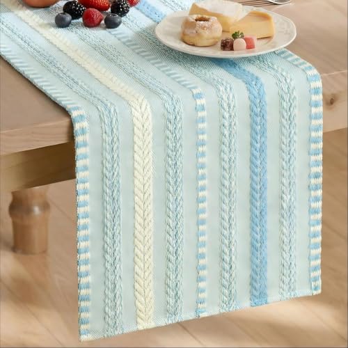 Artoid Mode Sky Blue Farmhouse Stripe Braided Table Runner 12x72 Inch - color: Sky Blue, size: 12" x 72", Table Runner