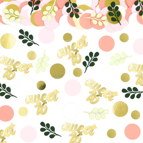 300PC Pink and Sage Green Sweet 16 Party Decorations for Girls 16th Birthday Confetti Sweet 16 Table Decorations Dots Eucalyptus Scatters for Sixteen Birthday Party Decor Supplies - style: Pink Sweet 16 Confetti