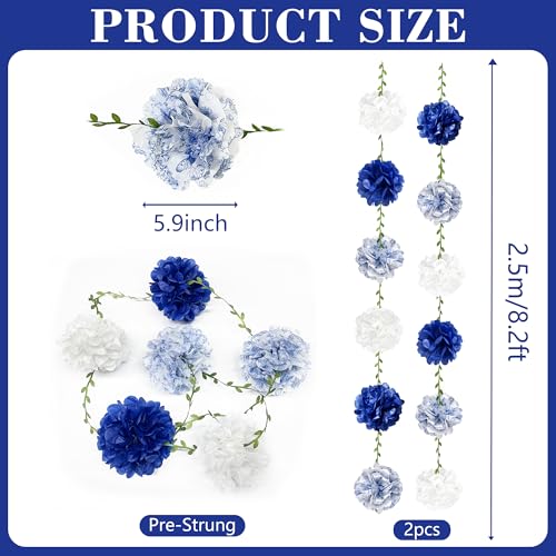 Blue and White Floral Royal Blue Tissue Flowers Pom Pom with Sage Green Leaf Ribbon Hanging Streamer Garland for Birthday Wedding Shower Engagement Chinoiserie Themed Party Decorations Supplies - color: Blue Floral