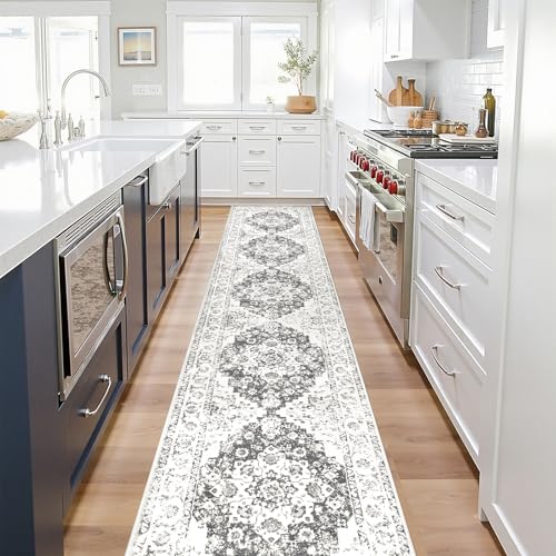 Pauwer Vintage Floral 2x10 Runner Rug, Non Slip Hallway Runner, Grey White - color: Grey/White, size: 2' x 10' (Runner)
