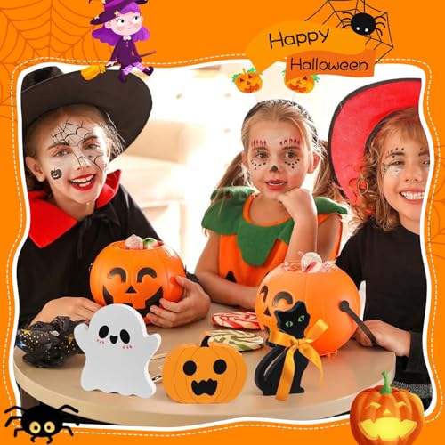 Wooden Halloween Decorations Set - Cute Ghost, Pumpkin & Black Cat Blocks Signs for Indoor Outdoor Holiday Home Decor, Mantel, Tabletop Centerpiece, Spooky Gift (Set of 3)