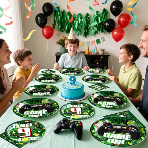 96 Pcs Video Game 9th Birthday Party Decorations for Boy, Serves 24 - style: Green Video Game 9th Kit