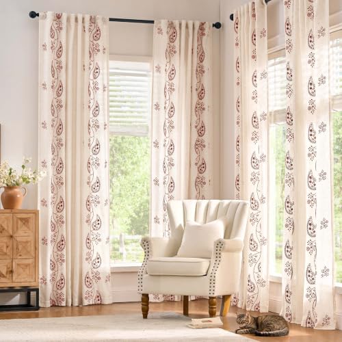 jinchan Linen Curtains 96 Inch Terracotta Floral Drapes Back Tab 2 Panels - color: Terracotta on Beige, size: 50"W x 96"L (Pack of 2)