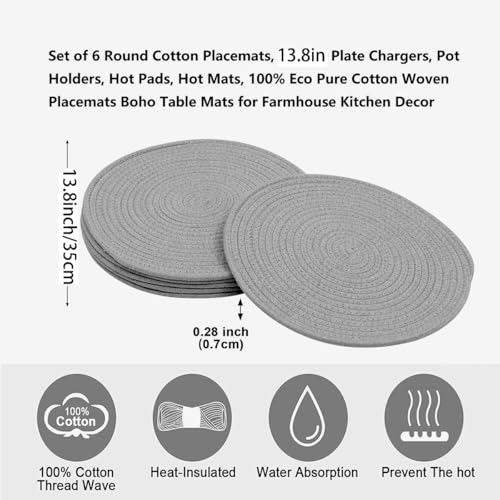 6Pcs Woven Placemats, Gray Cotton Rope Woven Vintage Place Mats, 13.8 Inch Round Plate Chargers Wicker Tablemats Farmhouse Boho Braided Heat Resistant Outdoor Placemat for Patio Table Decor - color: Gray, size: Round Set of 6