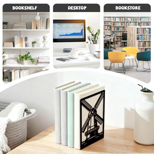 Peacoblue 5.3"x4.3"x7.9" Metal Bookends, Heavy Duty Book Ends for Shelves - style: Dutch Windmill and Fence