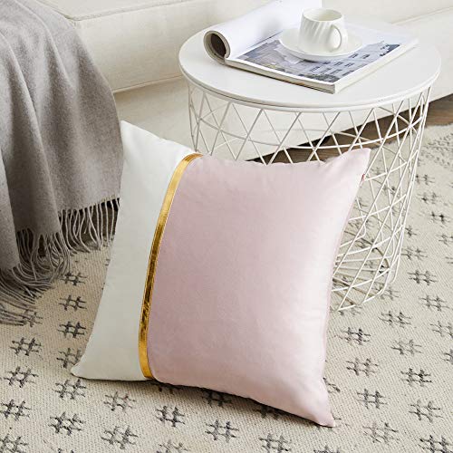 Fancy Homi 2 Packs Decorative Throw Pillow Covers 20x20 Inch for Living Room Couch Bedroom, Blush Pink and White Velvet Patchwork with Gold Leather, Luxury Modern Home Decor Cute Cushion Case 50x50 cm - color: Pink, size: 20" x 20" (Pack of 2)