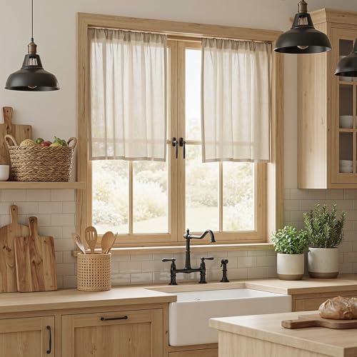 MYSKY HOME Kitchen Semi Sheer Oatmeal Curtains 24 Inch Long, Light Filtering Window Panels Rod Pocket Valance Neutral Drapes for Small Window/Cafe/Bathroom Basement, Taupe, 2 Panels, 34 x 24 Inch - color: Taupe, size: 34"W x 24"L (Pack of 2)