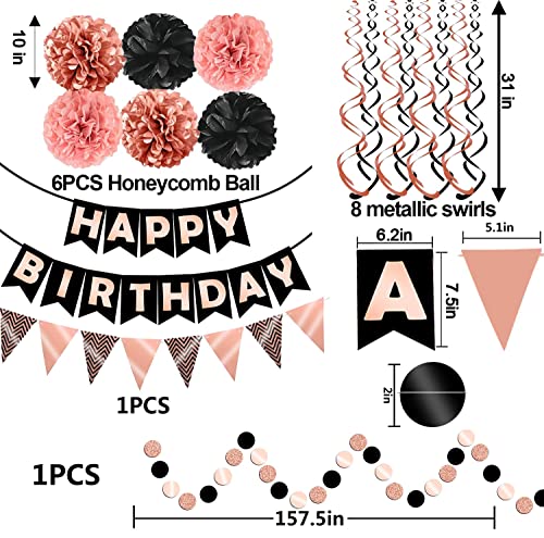 FECEDY Rose Gold Black Theme Happy Birthday Banner Flag Bunting Paper Circle Confetti Garland Swirl Streamers Honeycomb Ball for Birthday Party Decoration - color: Rose Gold Black