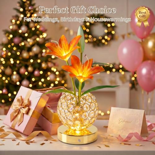 Stargazer Lily Crystal Table Lamp, Rechargeable Touch Flowers Lamp - color: Orange