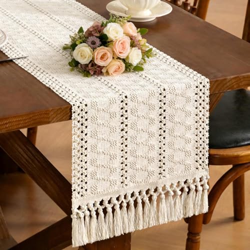 Beige Woven Table Runner Cotton Linen Boho with Tassels 11"×36" - color: Beige, size: 11" × 36"