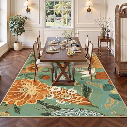 Tyrot Sage Green Boho Floral Living Room Rug, 5x7 Rug Washable Tropical Botanical Butterfly Area Rugs Flat Woven Ultra-Thin Non Slip Low Pile Carpet for Bedroom, Dining Room, Office, Kids Room - color: Sage Bloom, size: 5' x 7' (Rectangular)
