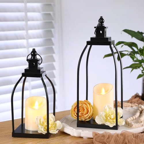Decorative Candle Lanterns Set of 2, Black Metal for Indoor & Outdoor - size: 12+15in