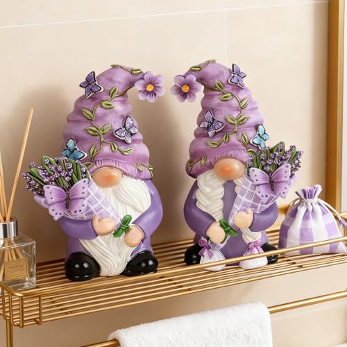 Purple Lavender Butterfly Couple Gnome Figurines(Resin, 3.9''H) - color: Purple
