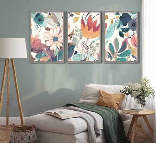 JASMIE 3 Pcs Boho Wild Flowers Canvas Wall Art Unframed