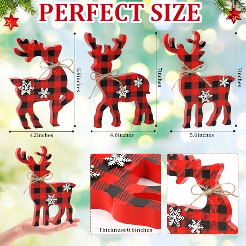3Pcs Cute Christmas Tiered Tray Decor Indoor, Wooden Reindeer Christmas Tabletop Decorations Xmas Centerpiece, Rustic Reindeer Block Signs Standing Elk Decor for Home Shelf - style: Red and Black Buffalo Plaid