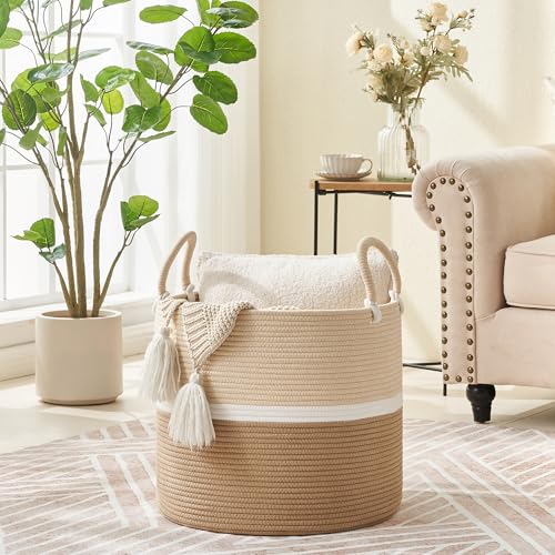 KAKAMAY Large Blanket Basket (18"x18"x16"),Woven Baby Laundry Hamper for Storage, Cotton Rope Blankets Baskets for Nursery, Laundry, Living Room, Pillows, Baby Toy chest with Handles (Light Brown) - color: Light Brown