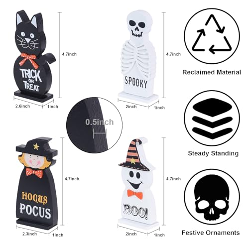Halloween Decorations Indoor, DECSPAS 4 PCS Wood Blocks Halloween Table Decor, Ghost Black Cat Skull Witch Gothic Tabletop Ornaments, Hocus Pocus Decorations for Home, Tiered Tray, Shelf, Mantel - style: Halloween - Ghost, Cat, Skull, Witch