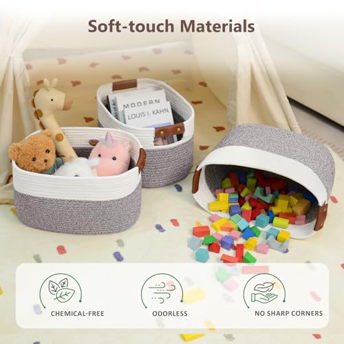 ECDYQXVU 15x10x9 Woven Cotton Rope Storage Basket, Leather Handles 1 Pack - color: White/Brown-1 Pack, size: 1 Pack