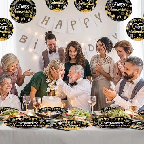 Greencian 96 Pcs Black and Gold Anniversary Party Decorations,Serves 24 - style: Happy Anniversary Kit