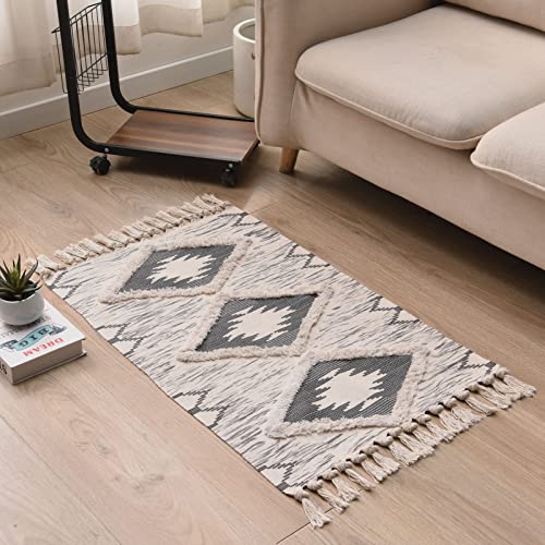 Boho Bathroom Rugs 2x3ft Farmhouse Bath Runner Rug, Small Tufted Cotton Accent Floor Mat with Tassels, Grey - color: Grey, size: 2' x 3' (Runner)