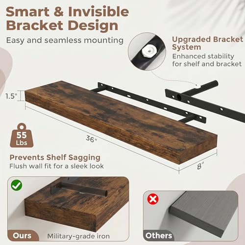 36 Inch Floating Shelves for Wall, 8"D Wood Storage Shelves, Brown Finish - color: Brown, size: 36 Inch